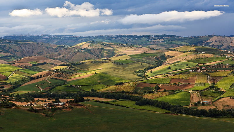 farms in a fertile valley, hills, farms, fields, clouds, valley, HD wallpaper