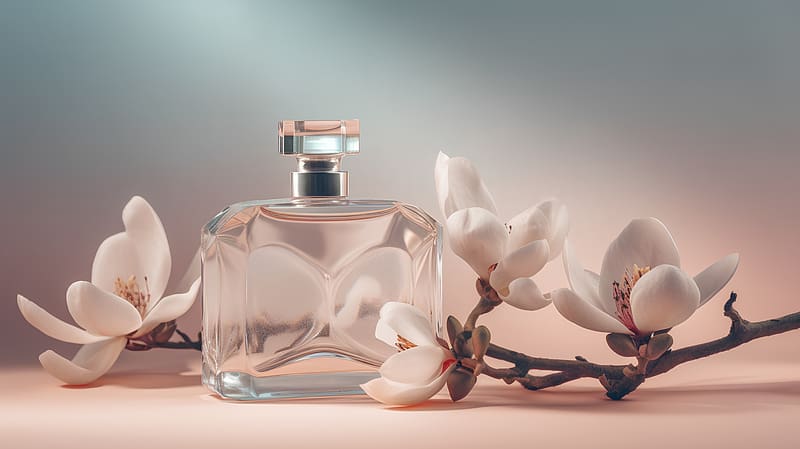 Perfume bottle and magnolia flowers, Fashion, Bottle, Liquid, Essence, Romantic, HD wallpaper