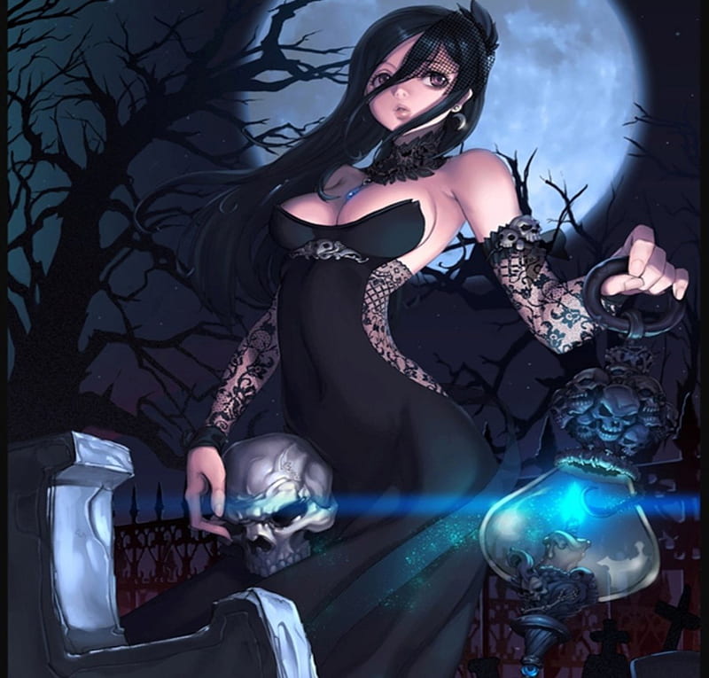 Gothic Lady, pretty, dress, lantern, woman, fantasy, moon, gloves, gothic, full moon, darkness, nigth, graveyard, long hair, light, black hair, blue, night, art, female, thombs, lovely, trees, abstract, dess, beuatiful, dark, lady, skull, HD wallpaper