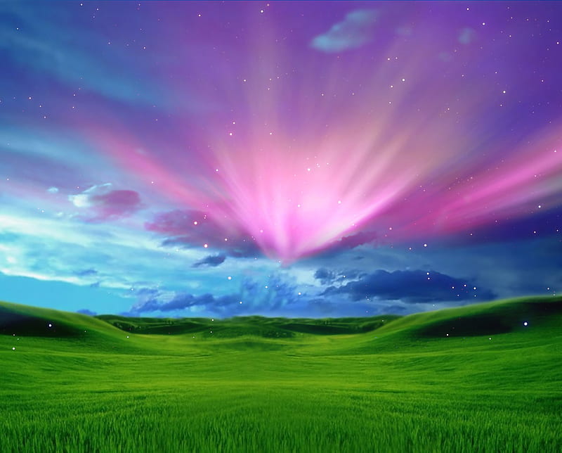 Royal Bliss, grass, 3d and cg, bonito, sunset, clouds, bliss, lights, nice, fantasy, royal, green, sunrise, pink, blue, stars, art, aurora, forces of nature, abstract, purple, aurore, violet, hop, white, lanscape, scarlat, grassland, field, HD wallpaper