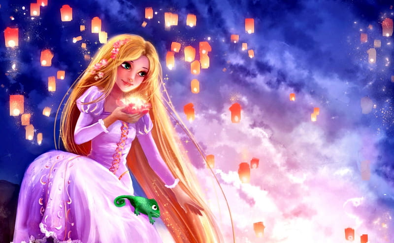 Rapunzel, art, lantern, rikamello, fantasy, girl, blonce, tangled, princess, pink, disney, blue, HD wallpaper