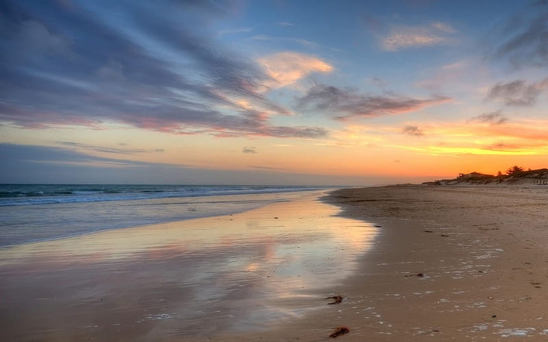 Ninety Mile Beach, Gippsland Lakes, Victoria, Australia, dusk, sky, clouds, tan, lake, wave, beach, sand, water, day, nature, blue, HD wallpaper