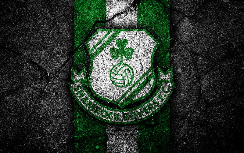 Shamrock Rovers FC, logo, Ireland Premier Division, black stone, soccer, Ireland, football club, Irish Premier League, Shamrock Rovers, IPD, asphalt texture, FC Shamrock Rovers, HD wallpaper