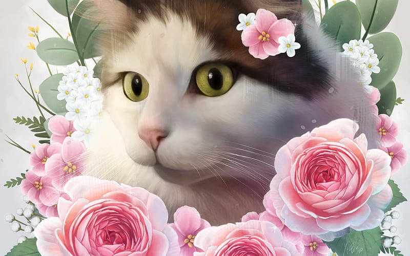 Cat, fantasy, rose, flower, cathleen cat obrien, pisici, white, pink, luminos, HD wallpaper