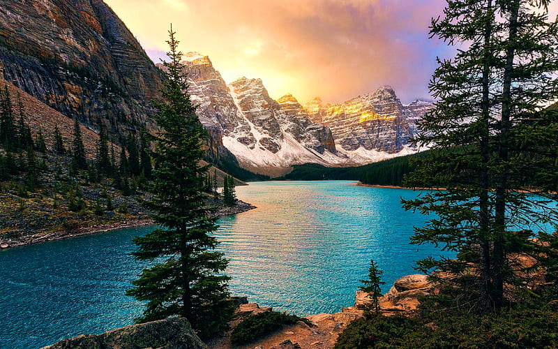 Moraine Lake Banff, sunset, North America, mountains, forest, Banff National Park, Canada, Alberta, HD wallpaper