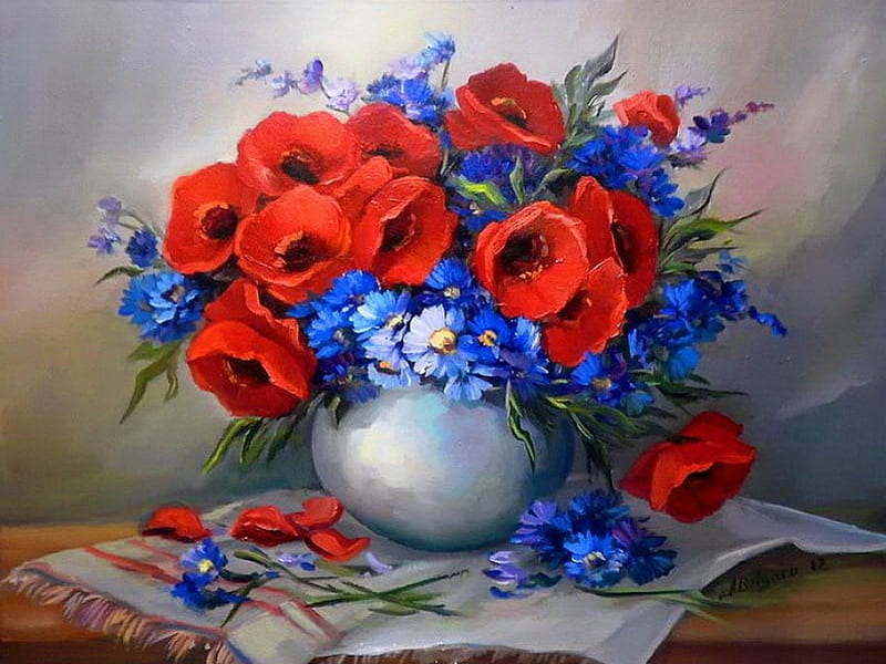 Bouquet of field flowers, red, pretty, colorful, biuquet, poppies, vase, bonito, still life, nice, painting, flowers, tender, blue, art, lovely, fresh, delicate, freshness, petals, field, HD wallpaper