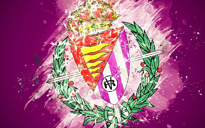Real Valladolid CF paint art, creative, Spanish football team, logo, La Liga, The Primera Division, emblem, purple background, grunge style, Valladolid, Spain, football, HD wallpaper