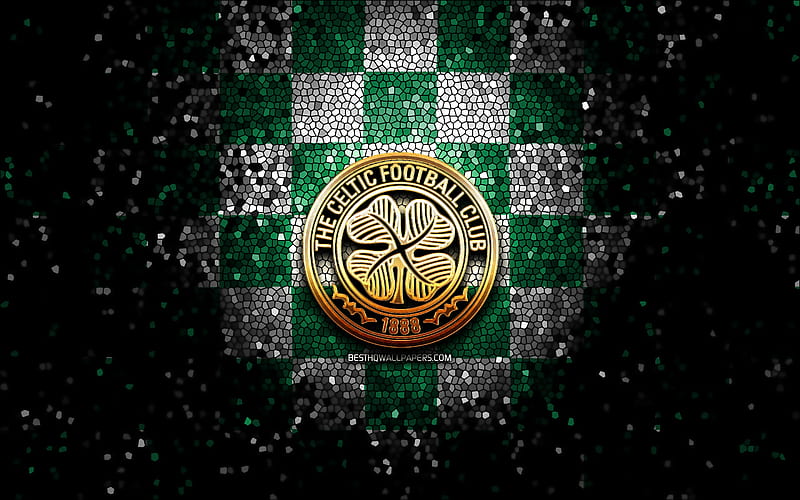 Celtic FC, glitter logo, Scottish Premiership, green white checkered background, soccer, scottish football club, Celtic logo, mosaic art, football, FC Celtic, HD wallpaper