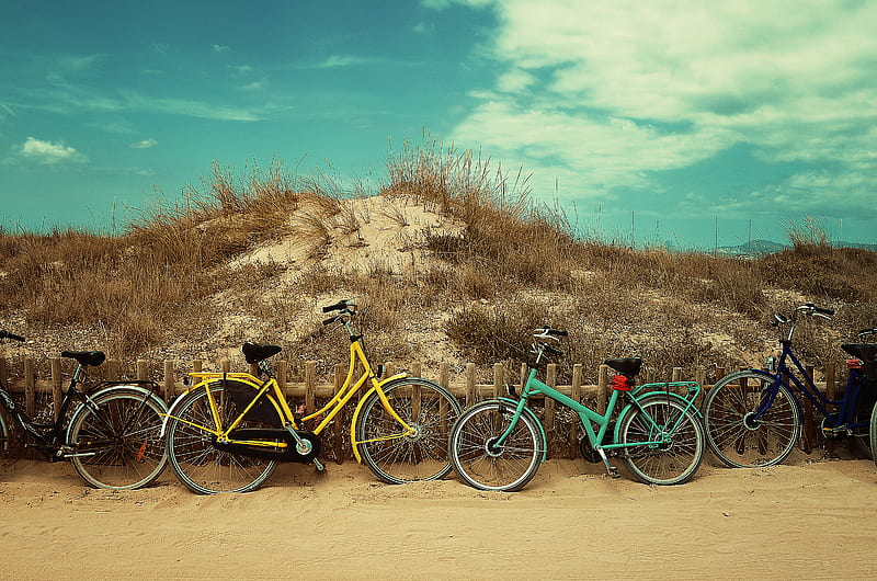 four assorted-color commuter bikes near hill at daytime, HD wallpaper