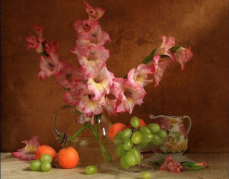 still life, pretty, bonito, gently, gladiolus, grapes, fruit, graphy, nice, apricot, flowers, beauty, pink, harmony, lovely, soft, elegantly, cup water, cool, bouquet, flower, kettle, HD wallpaper