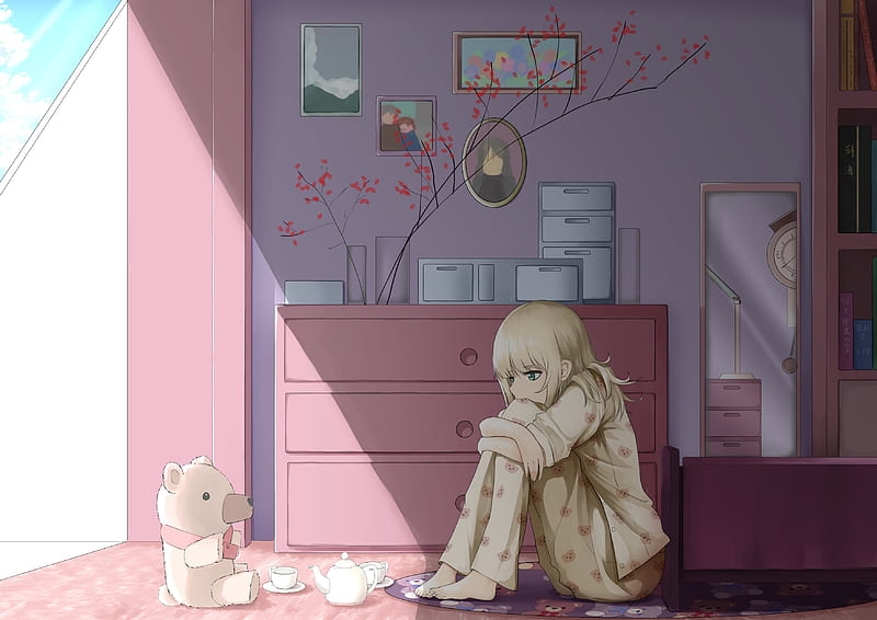 girl, pajamas, sad, anime, art, cartoon, HD wallpaper