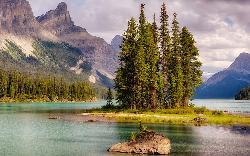 Canada summer, lake, island, mountains, Alberta, HD wallpaper