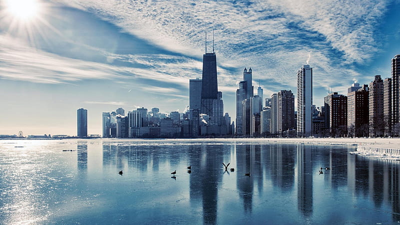 frozen lake michigan in a chicago winter, city, frozen, lake, winter, skyscrapers, HD wallpaper