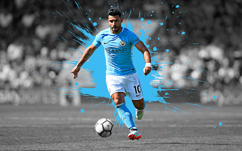 Sergio Aguero Manchester City FC, art, Argentine football player, splashes of paint, grunge art, creative art, Premier League, England, football, Sergio Leonel Agüero del Castillo, HD wallpaper