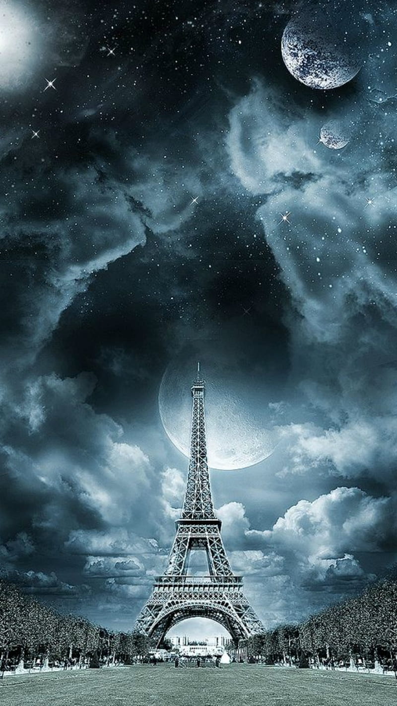 Eiffel Tower Paris, moon, stars, HD phone wallpaper