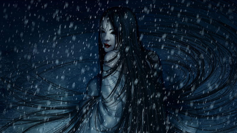 Snow Woman, japanese, black, woman, winter, cold, hair, robe, demon, fantasy, blizzard, snow, dark, myth, yuki onna, white, HD wallpaper