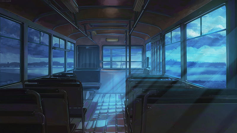 anime bus, night, light, windows, empty, Anime, HD wallpaper