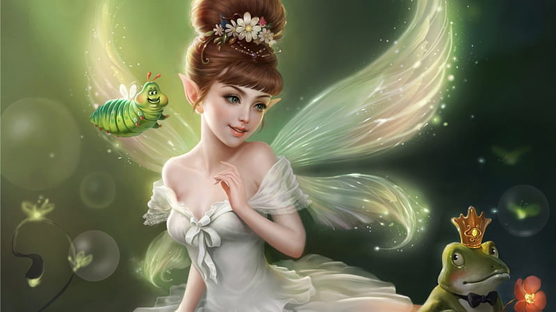 The fairy and the frog prince, frumusete, wings, luminos, prince, superb, frog, fantasy, girl, green, crown, gorgeous, fairy, HD wallpaper