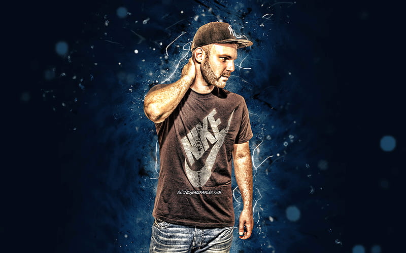Baba Saad blue neon lights, german rapper, music stars, Saad El-Haddad, german celebrity, Baba Saad, HD wallpaper