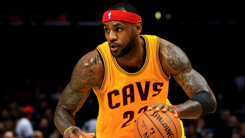 LeBron James Is Tapping Basketball Wearing Yellow Sports Dress And Red Band On Head In A Black Background Sports, HD wallpaper