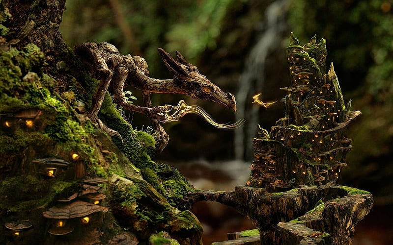 little dragon, cute, forest, fantasy, green, beauty, nature, trees, dragon, HD wallpaper
