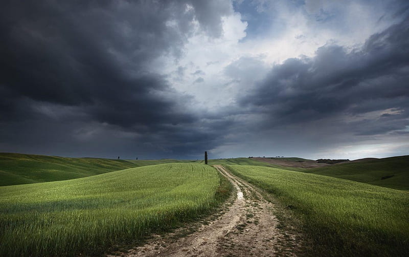 Dark clouds at the country road, amazing, country, clouds, dark, HD wallpaper