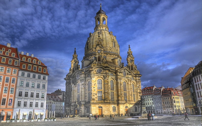Dresden, architecture, colorful, germany, buildings, bonito, church, sky, clouds, city, medieval, square, HD wallpaper