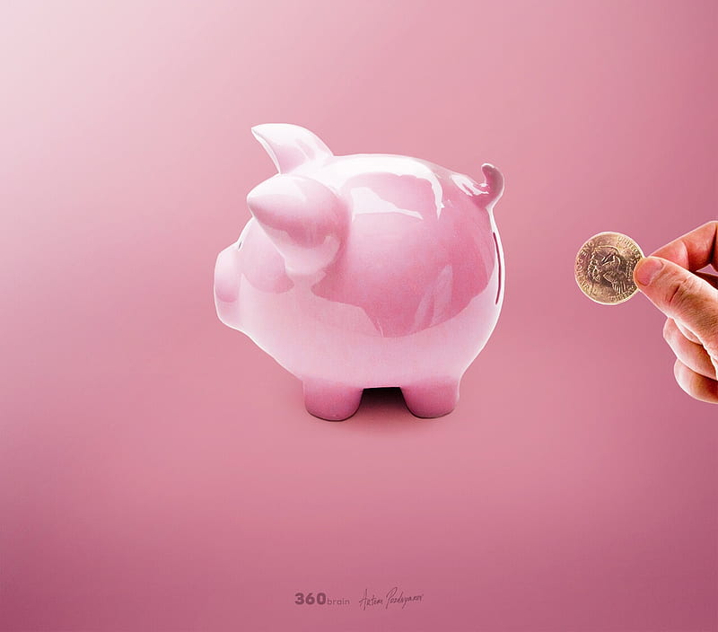 :), money, artem pozdnyakov, pig, pusculita, hand, pink, coin, moneda, HD wallpaper