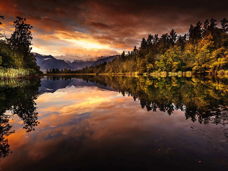 Lake Matheson, forest, mountains, nature, reflection, trees, clouds, sky, lake, HD wallpaper