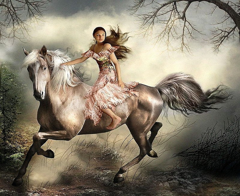 A horse ride in the wild, artistic, cg, digital art, woman, women, fantasy, gale franey, wild, pink, animals, art, forest, horse, abstract, 3d, girl, cgi, ride, HD wallpaper