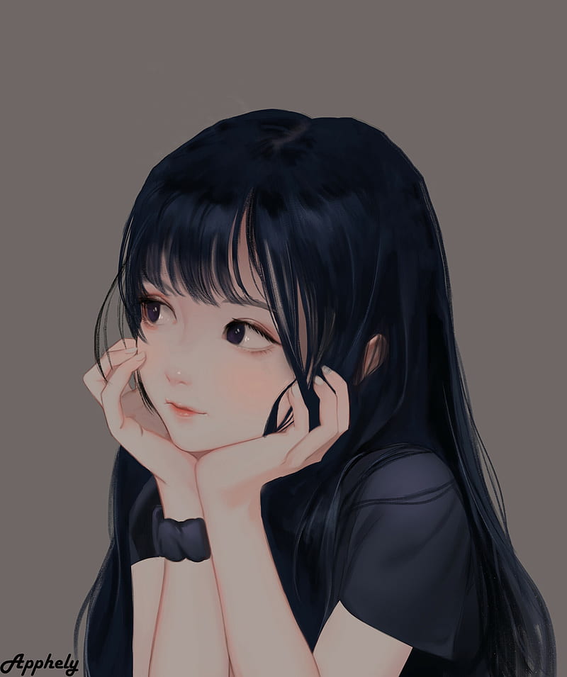 anime, black hair, simple background, long hair, looking at the side, RapBeer, HD phone wallpaper