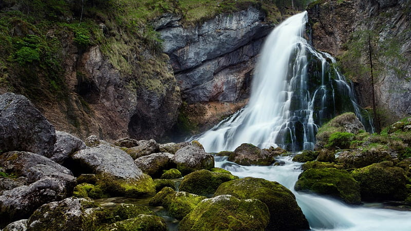 beautiful watefall, moss, waterfall, cliff, cascade, HD wallpaper