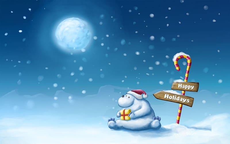 Moon, Snow, Christmas, Holiday, Bear, Gift, North Pole, Santa Hat, HD wallpaper