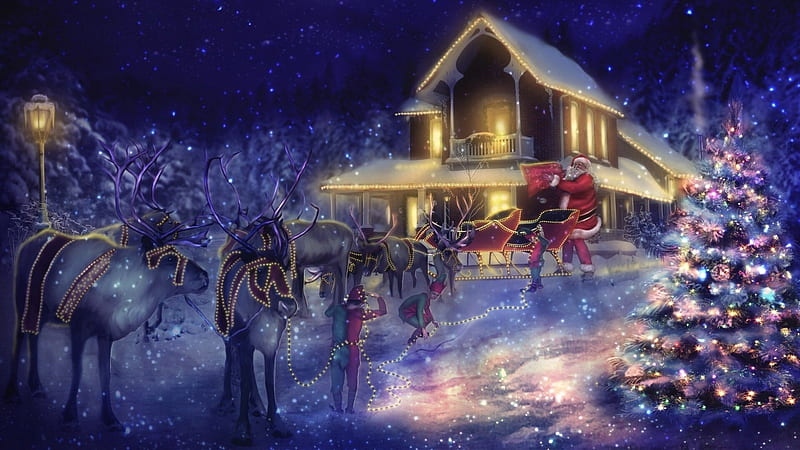 Santa and His Reindeer, house, holidays, christmas, Elves, Santa Claus, reindeer, Winter, lights, HD wallpaper