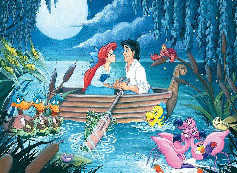 The Little Mermaid, water, night, ariel, boat, mermaid, disney, moon, fantasy, prince, movie, luna, couple, siren, HD wallpaper