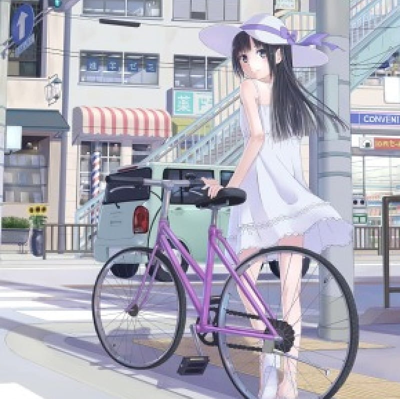 Bicycle, pretty, dress, house home, bonito, adorable, sweet, nice, city, anime, beauty, bike, anime girl, long hair, road, street, black hair, look, female, lovely, town, building, cute, kawaii, girl, lady, sundress, looking, maiden, HD wallpaper