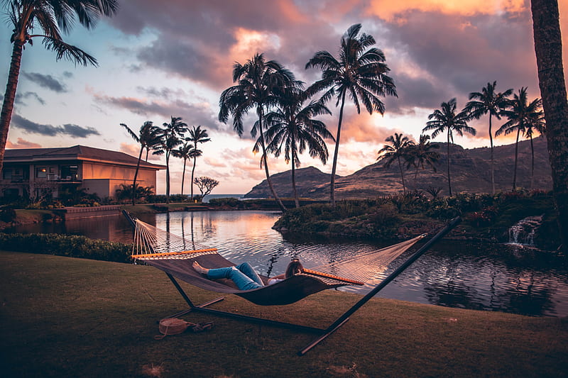 hammock, lake, palm trees, mountains, rest, HD wallpaper