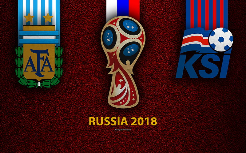 Argentina vs Iceland Group D, football, 16 June 2018, logos, 2018 FIFA World Cup, Russia 2018, burgundy leather texture, Russia 2018 logo, cup, Iceland, Argentina, national teams, football match, HD wallpaper