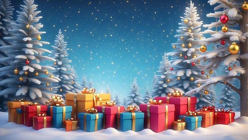 Christmas decoration, termeszet, meglepetes, karacsony, fenyok, szines, ho, karacsonyi ajandekok, ajandekok, teli, diszek, dekoracio, HD wallpaper