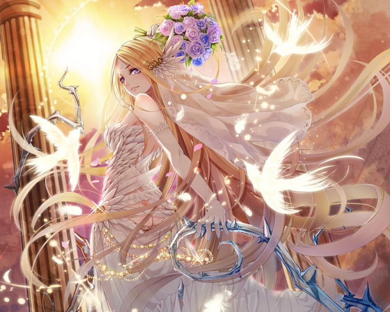 Thorn Wed, dress, blond cg, bride, bonito, floral, anime, feather, hot, anime girl, beauyt, realistic, long hair, gorgeous, blososm, female, gown, thorn, sexy, wedding, blond hair, girl, bird, bouquet, flower, petals, lady, maiden, HD wallpaper