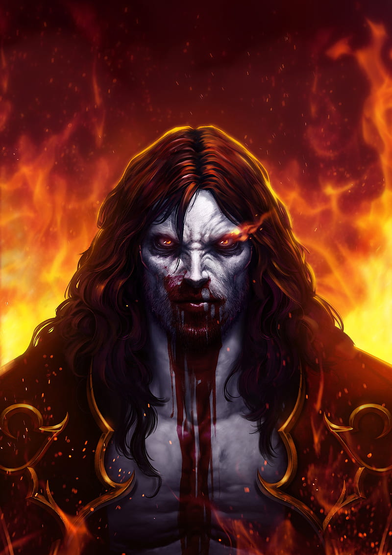 ArtStation, demon, robe, long hair, blood, dark hair, artwork, digital art, Dracula, fire, vampires, fan art, black hair, Castlevania, HD phone wallpaper