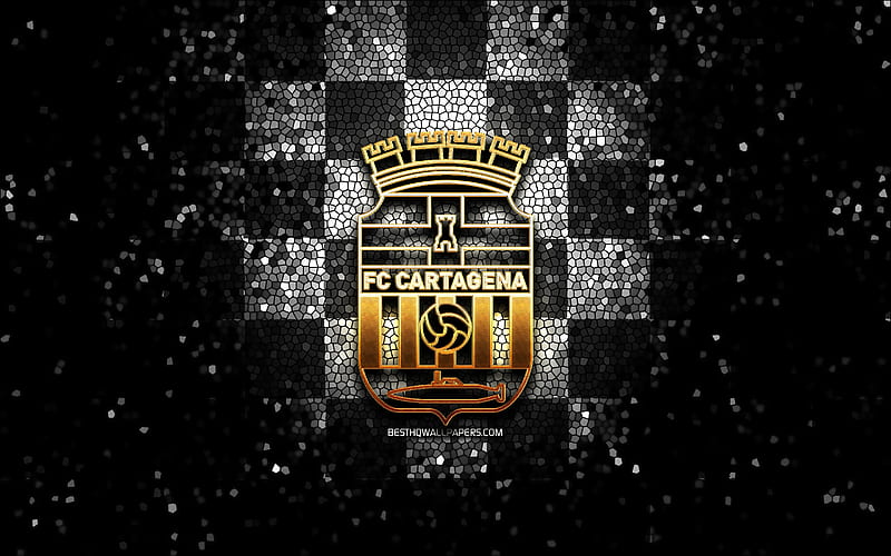FC Cartagena, glitter logo, La Liga 2, black white checkered background, Segunda, soccer, spanish football club, FC Cartagena logo, mosaic art, football, LaLiga 2, Cartagena FC, HD wallpaper