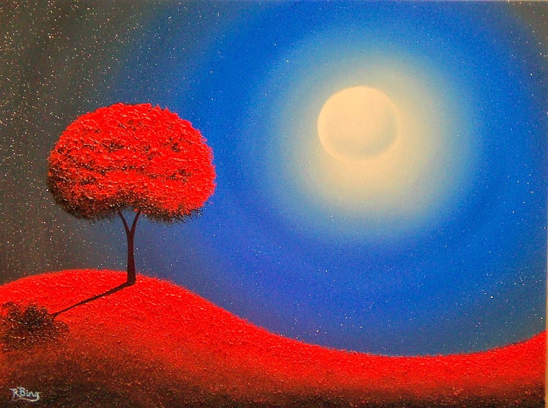 Moonlight, rachel bingaman, art, red, moon, tree, moon, painting ...