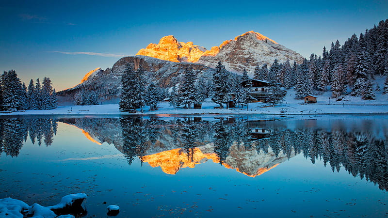 Snow Covered Pine Trees And Yellow Covered Mountains Reflection On Lake Nature, HD wallpaper