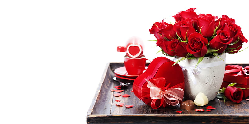 Holiday, Valentine's Day, Bouquet, Gift, Heart-Shaped, Rose, Still Life, Vase, HD wallpaper