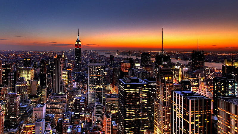 New York skyline, nighttime, sunset, Buildings, lights, HD wallpaper