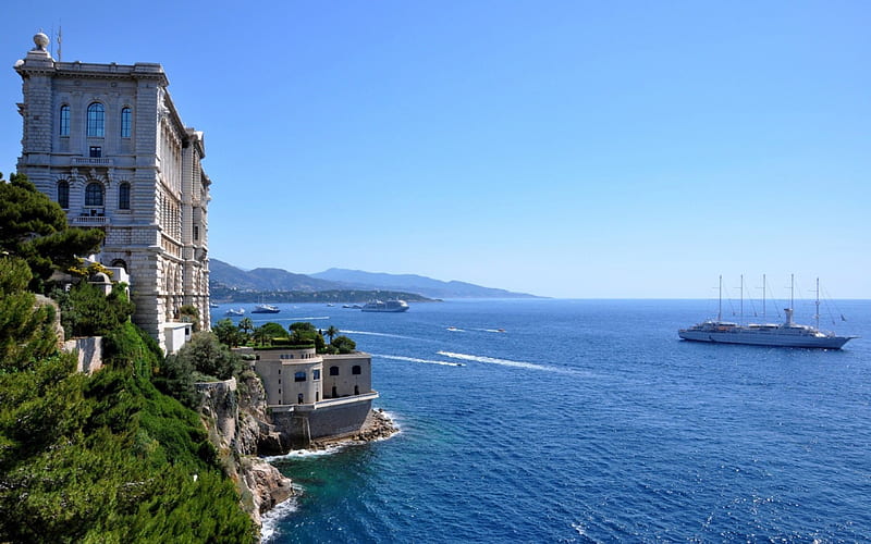 seaside villa, yachts, mansion, cliff, sea, HD wallpaper