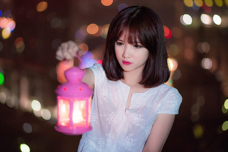 The pink lantern, lantern, model, woman, bokeh, girl, asian, white, pink, night, HD wallpaper