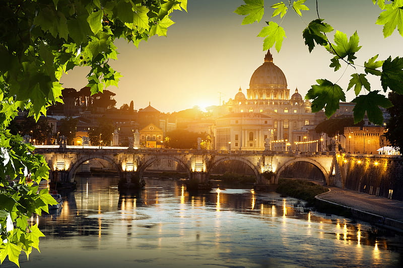 Rome, Italy, architecture, Italia, sun, Italy, Rome, bonito, sunset, clouds, leaves, city, splendor, beauty, river, sunrise, reflection, lovely, view, sunlight, buildings, town, sky, trees, building, tree, water, peaceful, Roma, nature, HD wallpaper