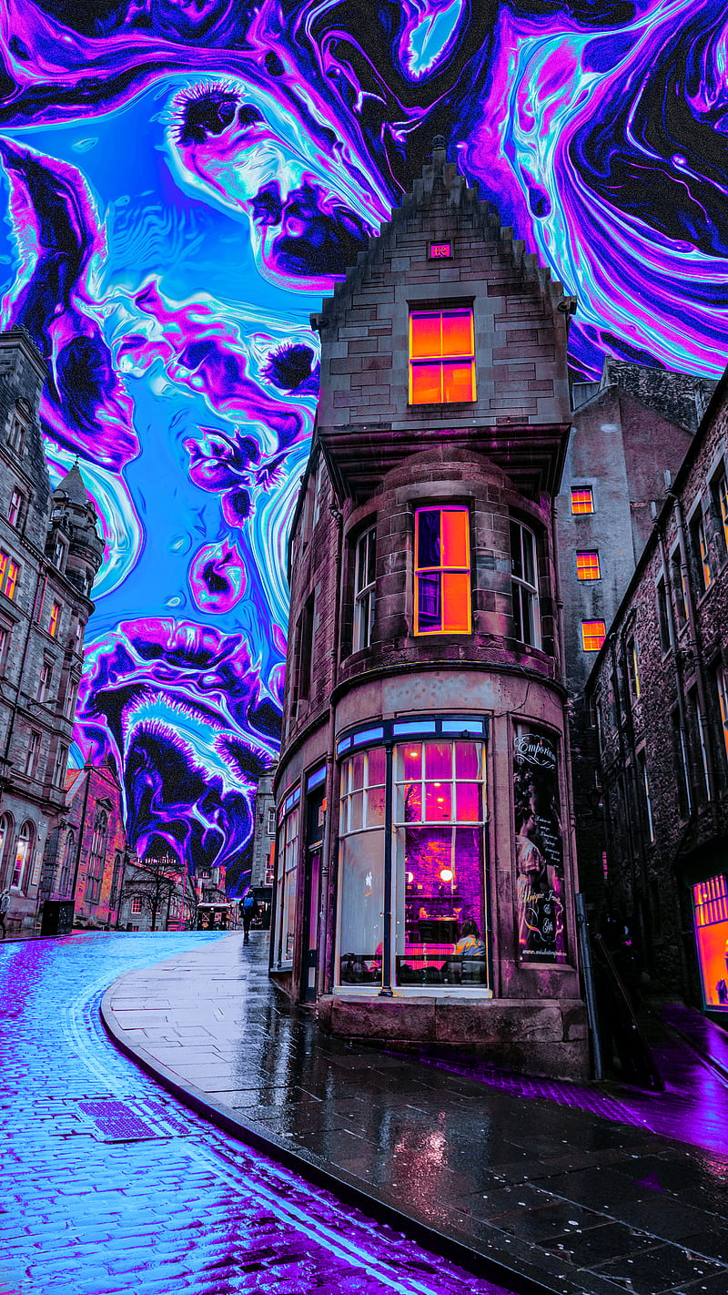 Dream Town, abstract, bonito, blue, city, magic, purple, surreal, vaporwave, HD phone wallpaper